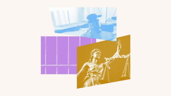 White graphic with three images layered. A purple square image of metal bars, a blue image of a gavel, and an orange image of baby justice