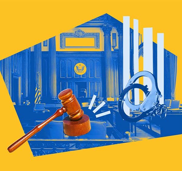 Yellow graphic with blue image of a court room. .In the center left there is a gavel, and on the right is an image of handcuff being broken open.