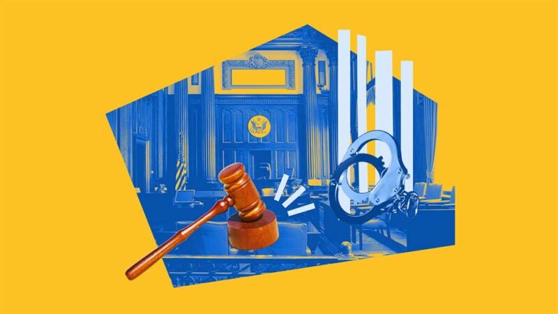 Yellow graphic with blue image of a court room. .In the center left there is a gavel, and on the right is an image of handcuff being broken open.