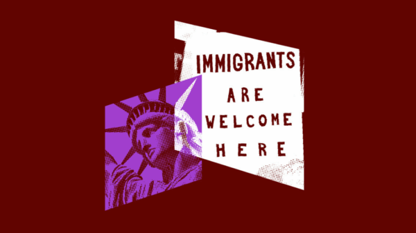 Image collage with a dark red background. The Statue of Liberty is in light purple and to the right is a protest sign reading "Immigrants Are Welcome Here"