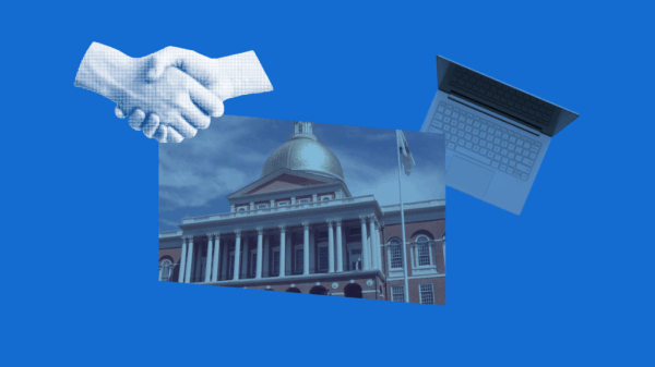 Collage of images including hands shaking in the top left, the Massachusetts state house in the center, and a laptop in the top right corner.