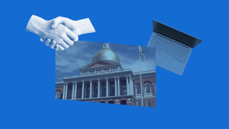 Collage of images including hands shaking in the top left, the Massachusetts state house in the center, and a laptop in the top right corner.