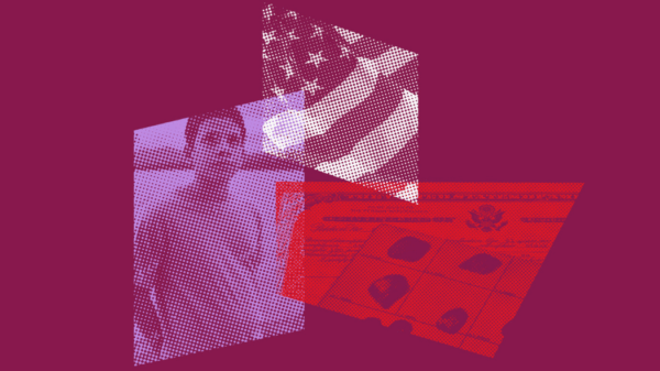 Image of a person looking into the camera with collage images of the American Flag and a ballot to the right of the person.