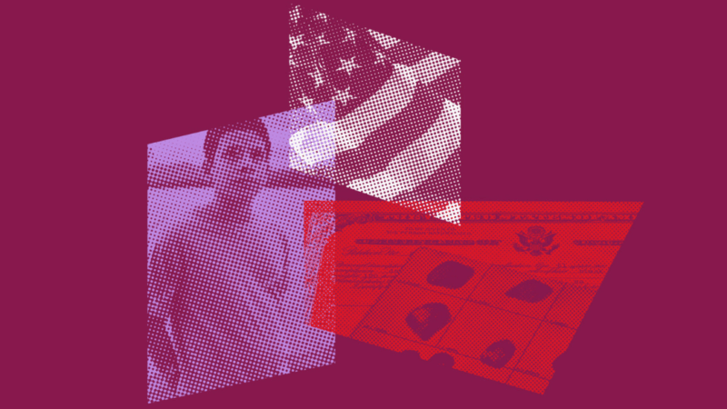 Image of a person looking into the camera with collage images of the American Flag and a ballot to the right of the person.