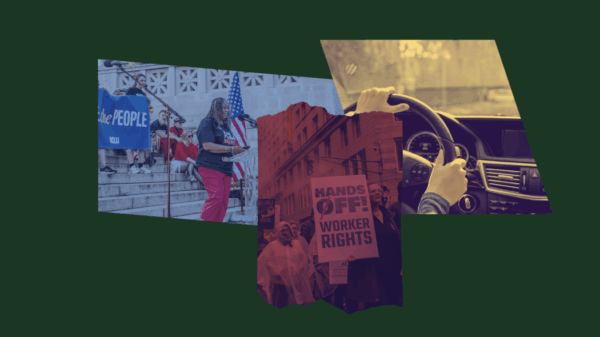 Photo collage of Traci Griffith at a microphone, center image shows a protest sign with "Hands Off Our Workers", and left image shows hands on a steering wheel.