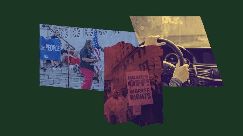 Photo collage of Traci Griffith at a microphone, center image shows a protest sign with "Hands Off Our Workers", and left image shows hands on a steering wheel.