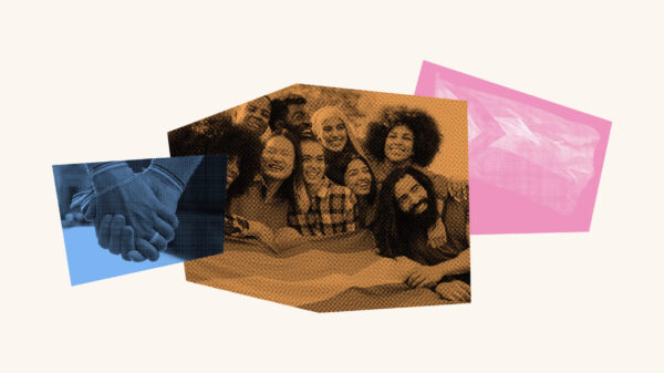 Image collage of a group of individuals leaning over a table in the center, to the right is an inclusive pride flag in pink.