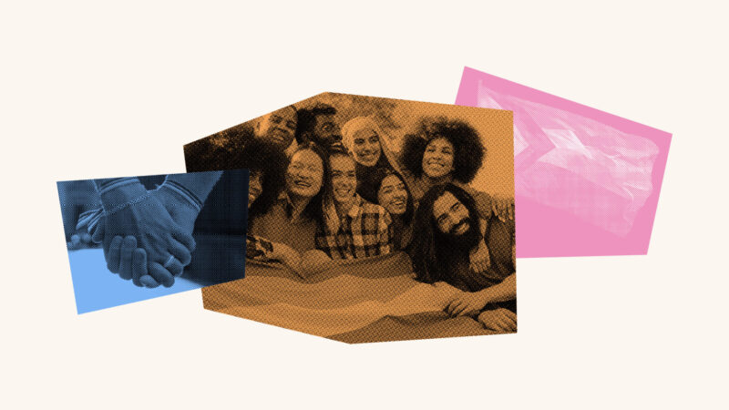 Image collage of a group of individuals leaning over a table in the center, to the right is an inclusive pride flag in pink.