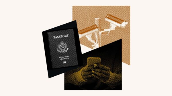 Image collage of a passport, surveillance cameras, and a person using a smartphone.
