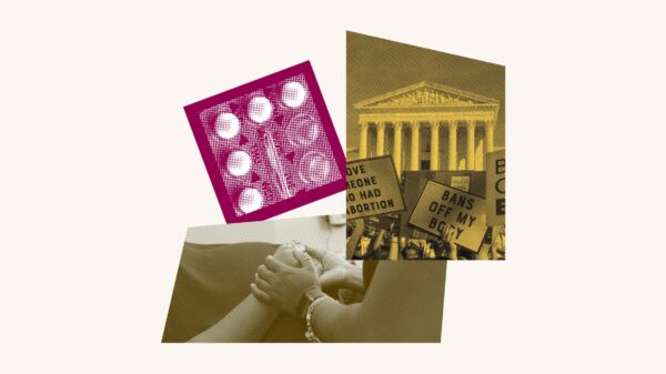 A collage of images showing hands on a pregnant person's stomach, birth control pills, and the front of the Supreme Court.