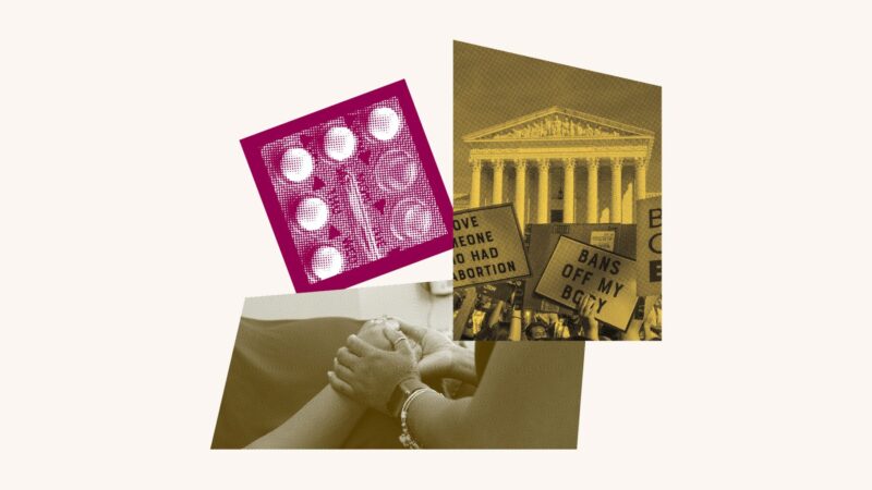 A collage of images showing hands on a pregnant person's stomach, birth control pills, and the front of the Supreme Court.