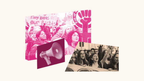 Collage of images including the crowd at the Women's March, a mega phone, and a rally for Women's rights