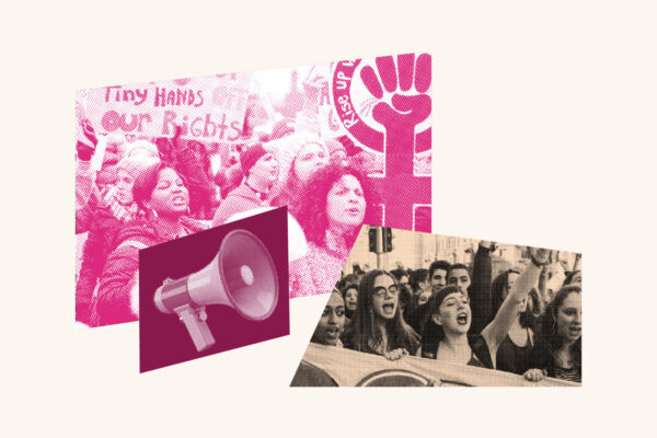 Collage of images including the crowd at the Women's March, a mega phone, and a rally for Women's rights