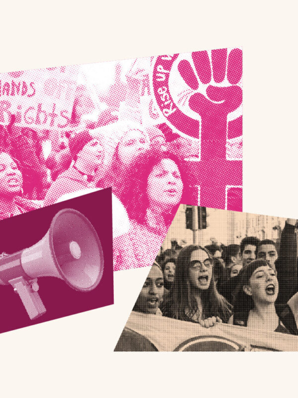 Collage of images including the crowd at the Women's March, a mega phone, and a rally for Women's rights