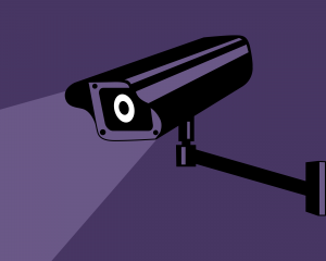 Black cartoon surveillance camera against plain purple background