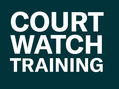 White letters on green background: Court Watch Training