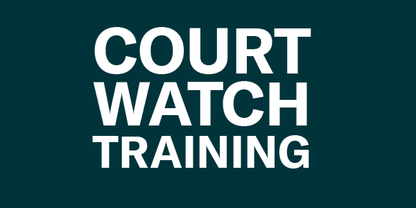 White letters on green background: Court Watch Training