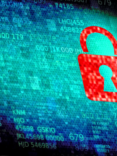 red pixelated padlock on data screen