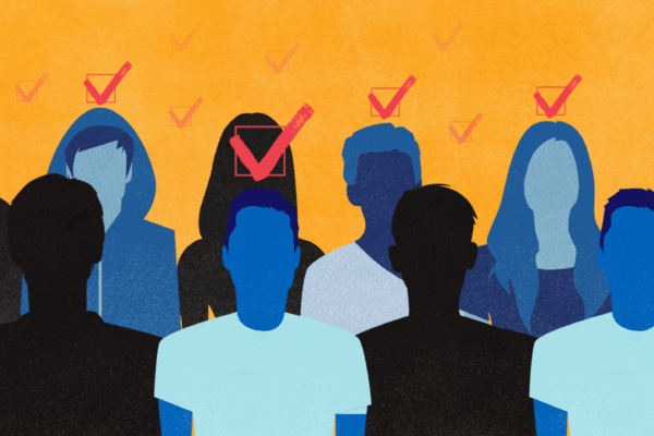 Multiple people with check boxes over the heads of some and not others