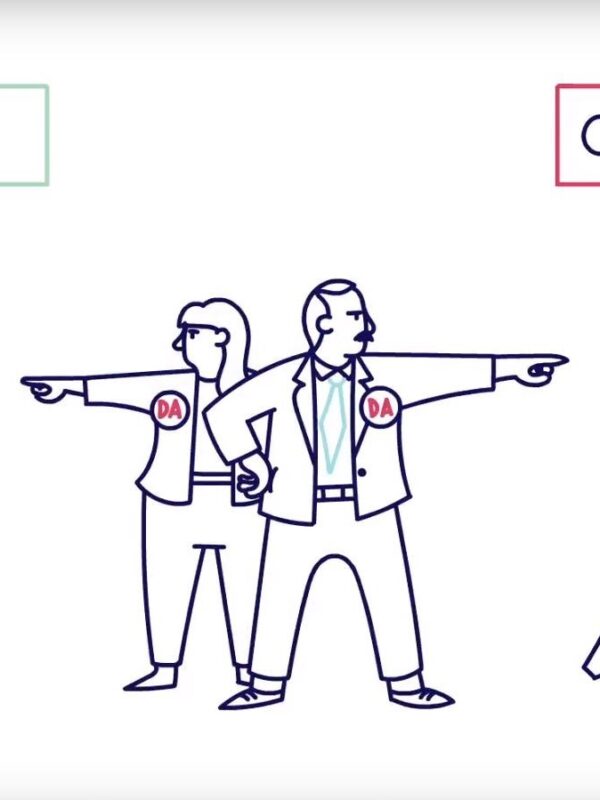 Two cartoon district attorneys. One points towards a sign that says 'courtroom' as an officer brings someone in cuffs that way. The other DA points towards an 'exit' sign as another officer brings someone in cuffs that way.