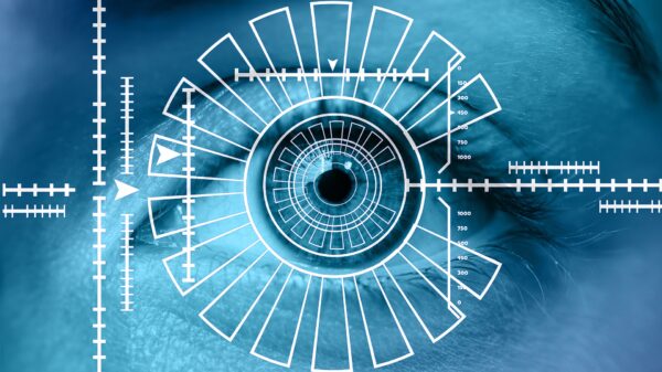Person's eye with bars around it to represent face surveillance