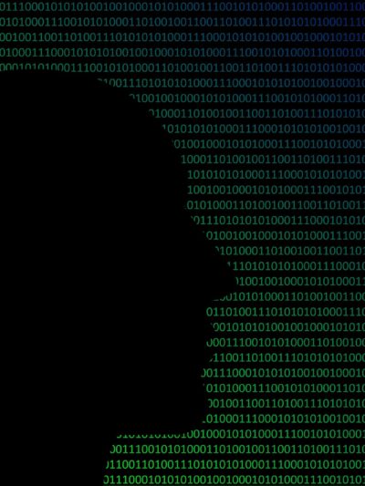 silhouette outline of person's face in front of green code