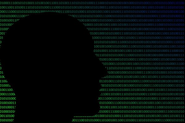 silhouette outline of person's face in front of green code