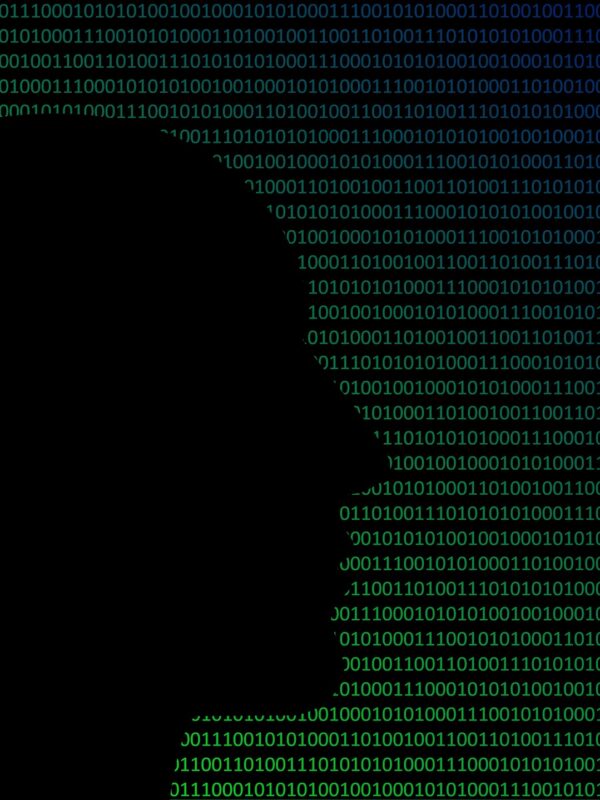silhouette outline of person's face in front of green code