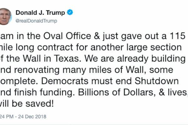 @realDonaldTrump: I am in the Oval Office & just gave out a 115 mile long contract for another large section of the Wall in Texas. We are already building and renovating many miles of Wall, some complete. Democrats must end Shutdown and finish funding...