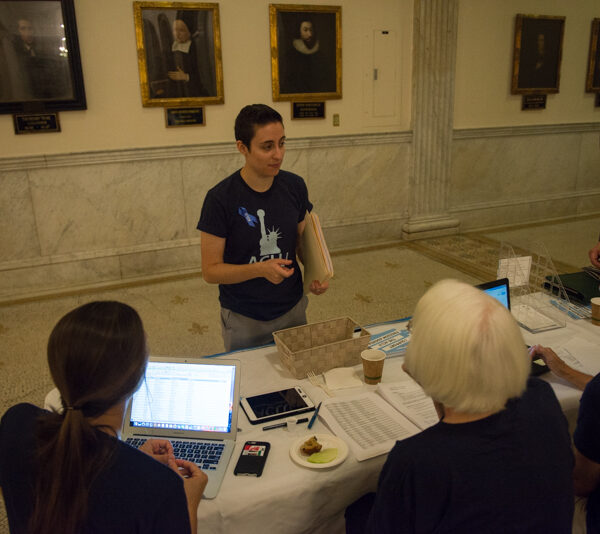 ACLU staff Olivia Santoro and volunteers at 2017 State House Lobby Day