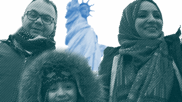 People from all backgrounds standing in front of the Statue of Liberty