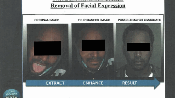 A slide from NYPD FIS describing "removal of facial expression" technique