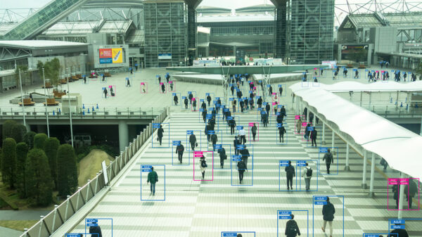 View of people from afar with human recognition markers around them