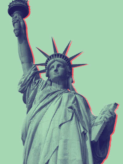 Green and blue statue of liberty against green background