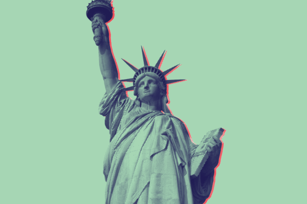 Green and blue statue of liberty against green background