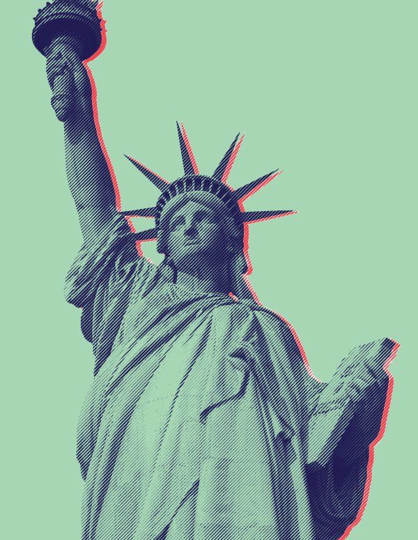 Green and blue statue of liberty against green background