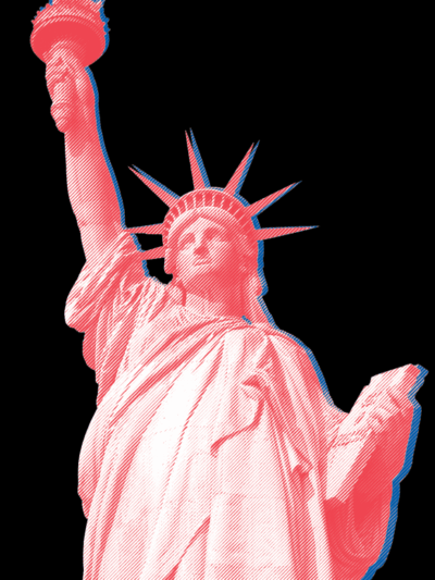 Red statue of liberty against black background