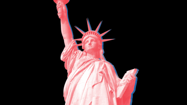 Red statue of liberty against black background