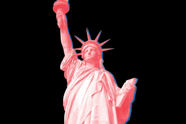 Red statue of liberty against black background