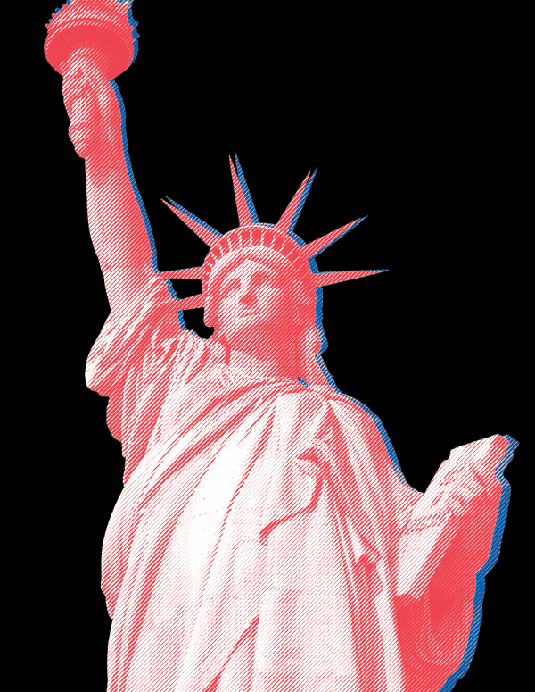 Red statue of liberty against black background