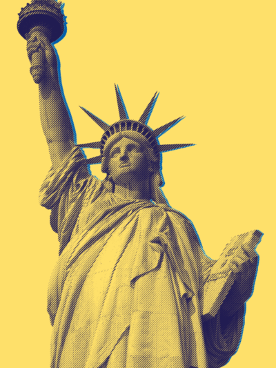 Yellow and blue statue of liberty against yellow background
