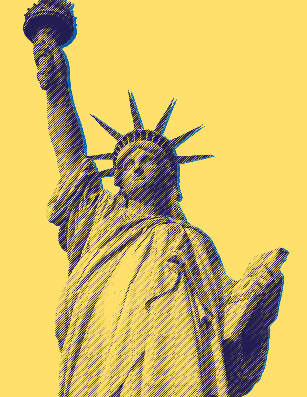 Yellow and blue statue of liberty against yellow background