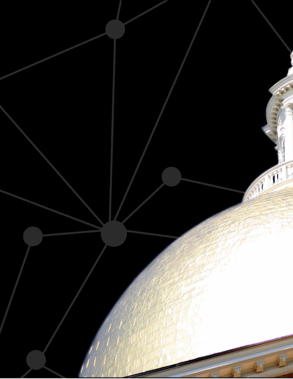 State House dome in front of black digital screen