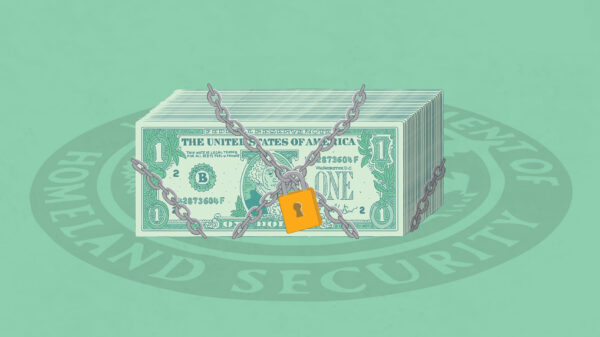 Stack of dollar bills locked in chains on green background
