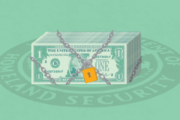Stack of dollar bills locked in chains on green background