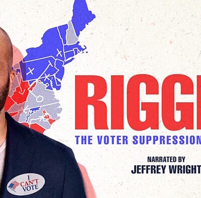 Jeffery Wright standing over map of the US. Text reads "Rigged: the voter suppression playbook"