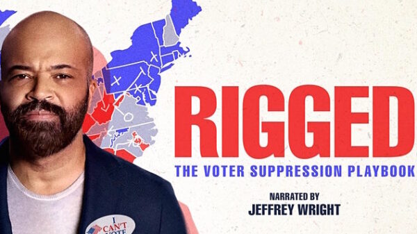 Jeffery Wright standing over map of the US. Text reads "Rigged: the voter suppression playbook"
