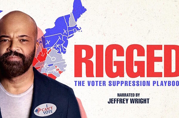 Jeffery Wright standing over map of the US. Text reads "Rigged: the voter suppression playbook"