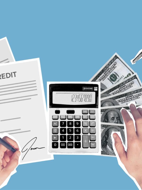 image of person with financial documents calculator, bills, coffee and car keys