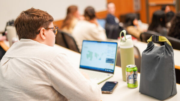 Student at desk looking at computer in a class